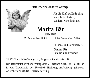 Anzeige von Marita Bär von Kölner Stadt-Anzeiger / Kölnische Rundschau / Express