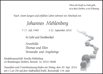 Anzeige von Johannes Mehlenberg von  Schlossbote/Werbekurier 