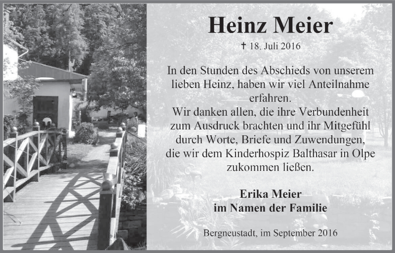  Traueranzeige für Heinz Meier vom 14.09.2016 aus  Anzeigen Echo 