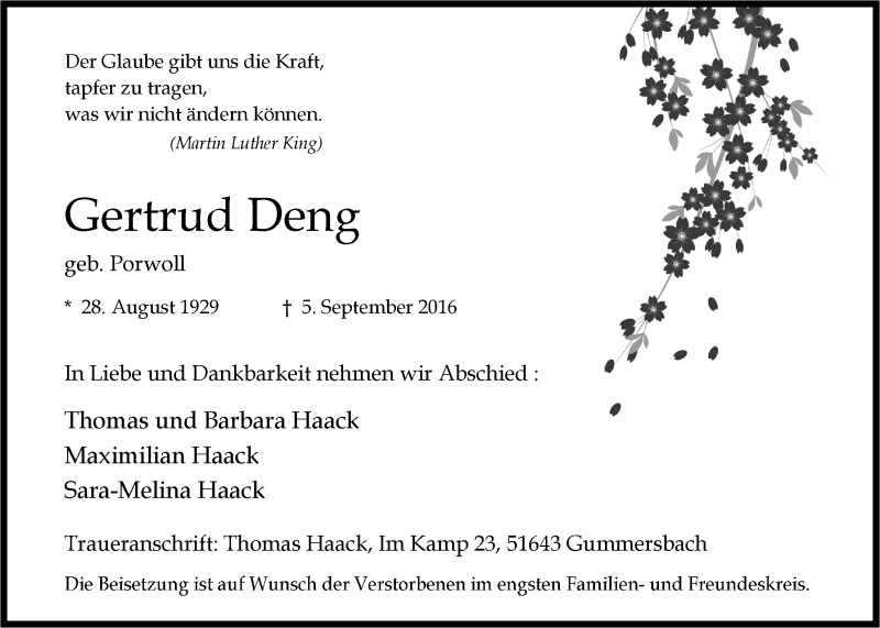  Traueranzeige für Gertrud Deng vom 14.09.2016 aus  Anzeigen Echo 