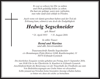 Anzeige von Hedwig Segschneider von  Werbepost 