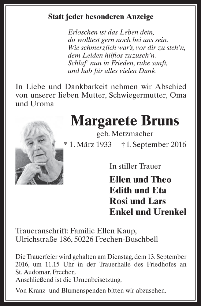  Traueranzeige für Margarete Bruns vom 07.09.2016 aus  Wochenende 