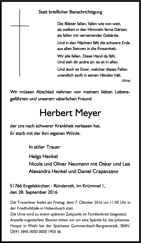  Traueranzeige für Herbert Meyer vom 01.10.2016 aus Kölner Stadt-Anzeiger / Kölnische Rundschau / Express
