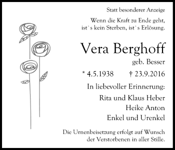 Anzeige von Vera Berghoff von Kölner Stadt-Anzeiger / Kölnische Rundschau / Express