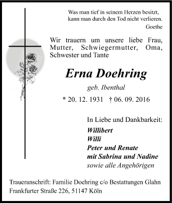 Anzeige von Erna Doehring von Kölner Stadt-Anzeiger / Kölnische Rundschau / Express