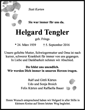 Anzeige von Helgard Tengler von Kölner Stadt-Anzeiger / Kölnische Rundschau / Express