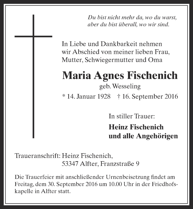  Traueranzeige für Maria Agnes Fischenich vom 28.09.2016 aus  Schaufenster/Blickpunkt 