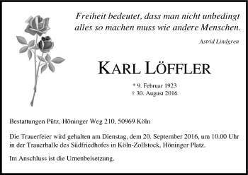 Anzeige von Karl Löffler von Kölner Stadt-Anzeiger / Kölnische Rundschau / Express