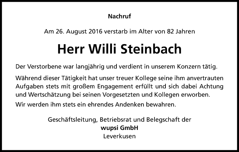  Traueranzeige für Willi Steinbach vom 10.09.2016 aus Kölner Stadt-Anzeiger / Kölnische Rundschau / Express