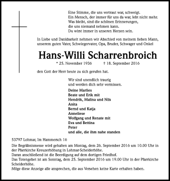 Anzeige von Hans-Willi Scharrenbroich von Kölner Stadt-Anzeiger / Kölnische Rundschau / Express