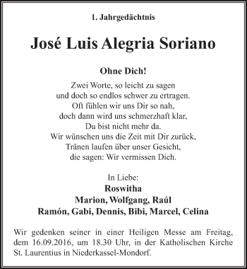 Anzeige von José Luis Alegria Soriano von  Extra Blatt 