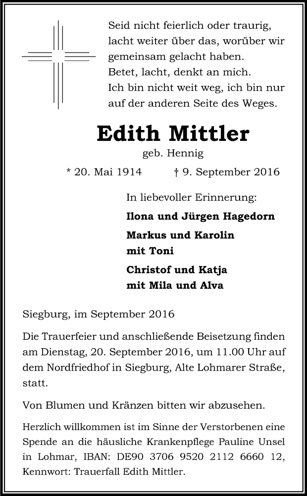  Traueranzeige für Edith Mittler vom 15.09.2016 aus Kölner Stadt-Anzeiger / Kölnische Rundschau / Express