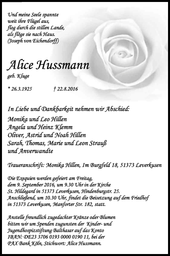 Anzeige von Alice Hussmann von Kölner Stadt-Anzeiger / Kölnische Rundschau / Express