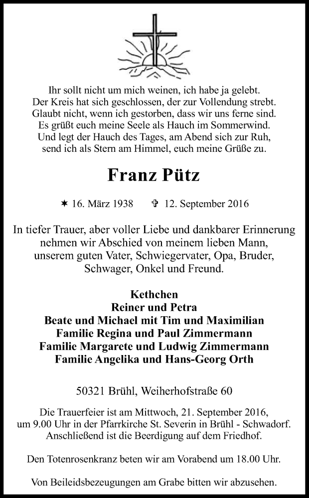  Traueranzeige für Franz Pütz vom 17.09.2016 aus Kölner Stadt-Anzeiger / Kölnische Rundschau / Express