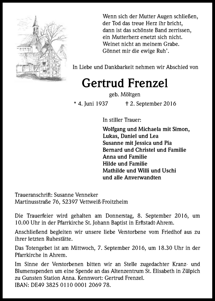  Traueranzeige für Gertrud Frenzel vom 06.09.2016 aus Kölner Stadt-Anzeiger / Kölnische Rundschau / Express
