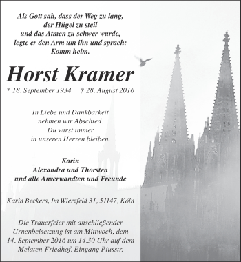 Anzeige von Horst Kramer von  Kölner Wochenspiegel 