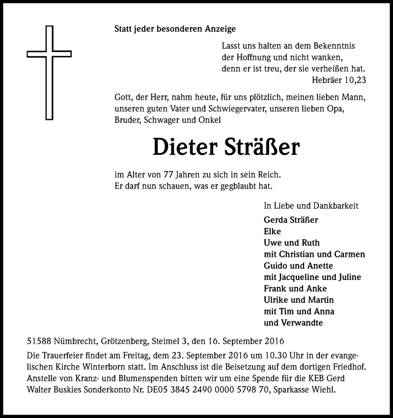  Traueranzeige für Dieter Sträßer vom 20.09.2016 aus Kölner Stadt-Anzeiger / Kölnische Rundschau / Express