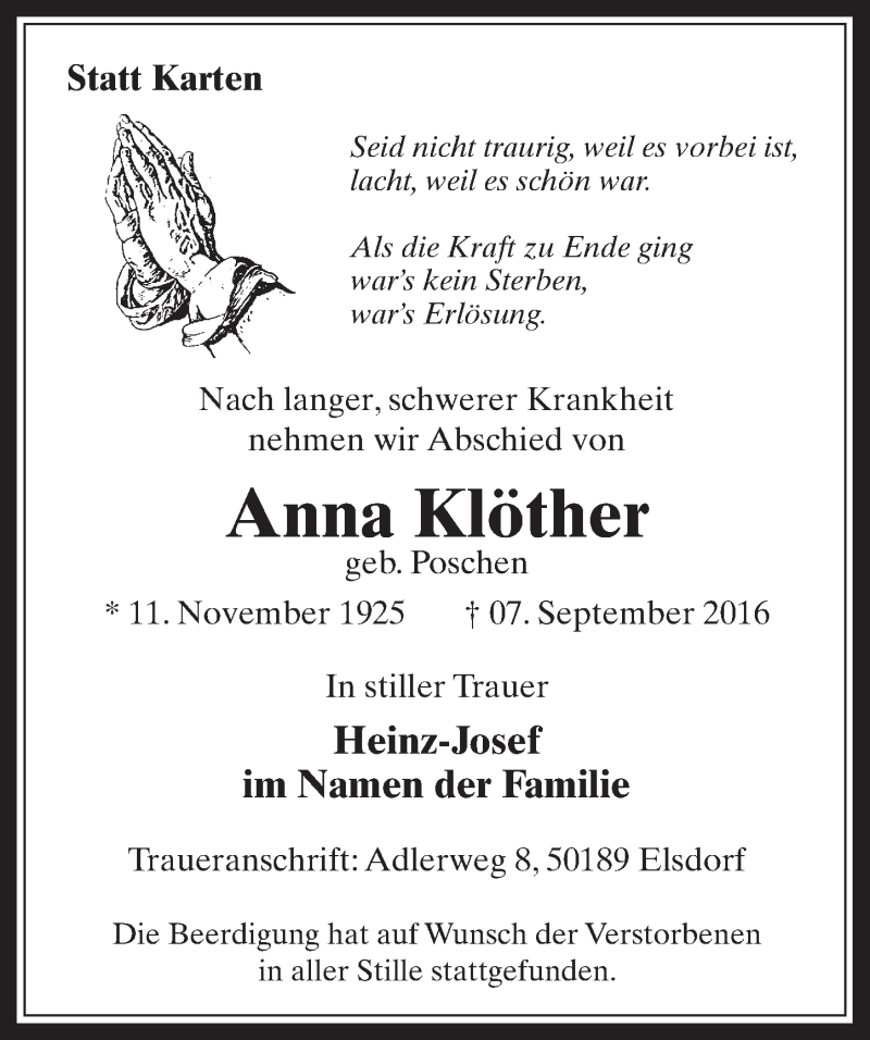  Traueranzeige für Anna Klöther vom 14.09.2016 aus  Wochenende  Werbepost 