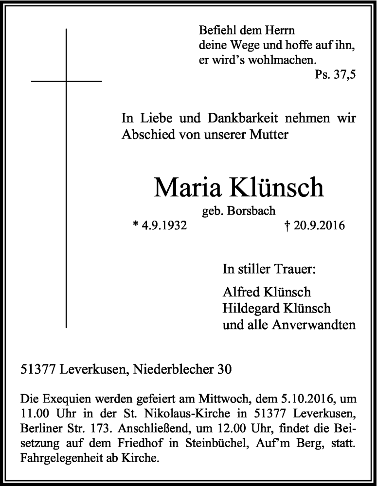  Traueranzeige für Maria Klünsch vom 30.09.2016 aus Kölner Stadt-Anzeiger / Kölnische Rundschau / Express