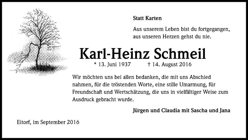  Traueranzeige für Karl-Heinz Schmeil vom 24.09.2016 aus Kölner Stadt-Anzeiger / Kölnische Rundschau / Express