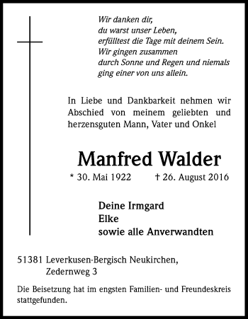 Anzeige von Manfred Walder von Kölner Stadt-Anzeiger / Kölnische Rundschau / Express