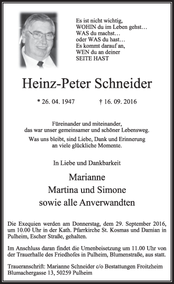 Anzeige von Heinz-Peter Schneider von  Sonntags-Post 
