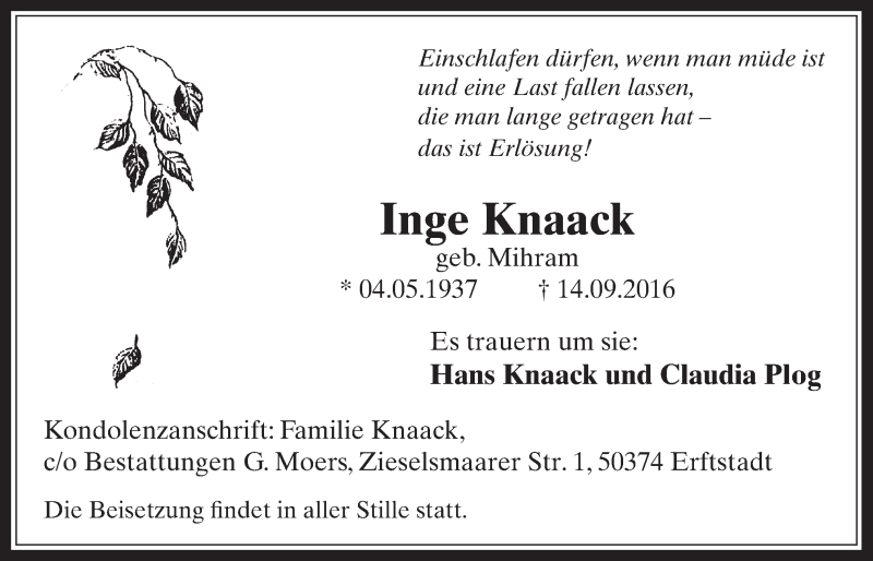  Traueranzeige für Inge Knaack vom 28.09.2016 aus  Werbepost 