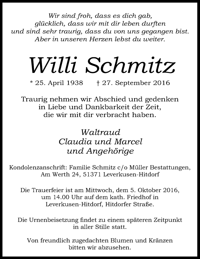  Traueranzeige für Willi Schmitz vom 01.10.2016 aus Kölner Stadt-Anzeiger / Kölnische Rundschau / Express