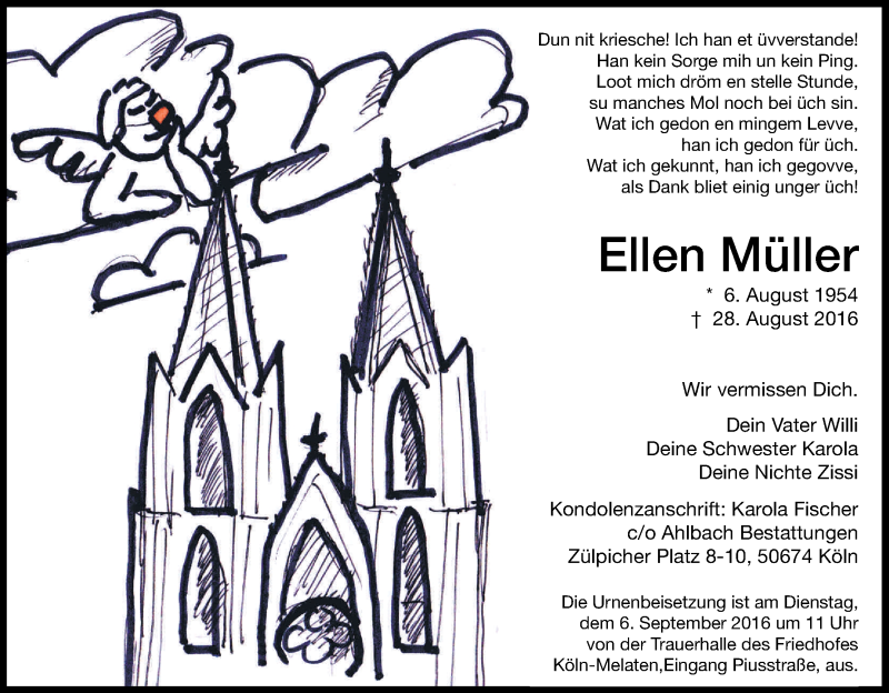  Traueranzeige für Ellen Müller vom 03.09.2016 aus Kölner Stadt-Anzeiger / Kölnische Rundschau / Express
