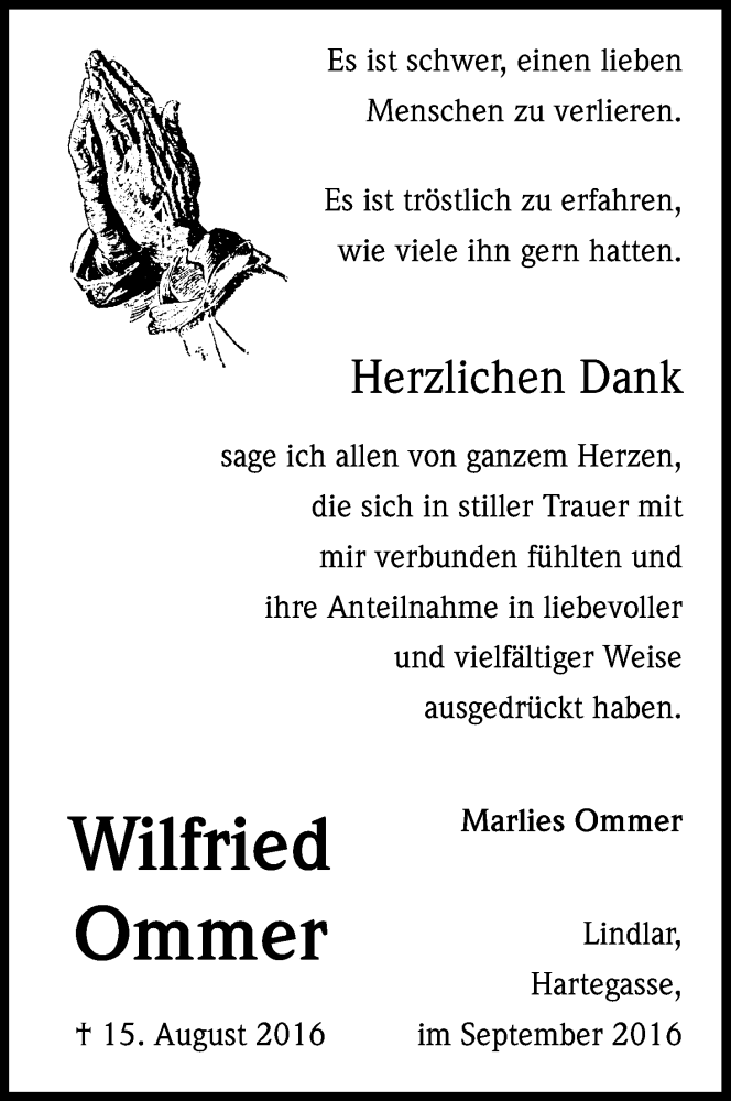  Traueranzeige für Wilfried Ommer vom 24.09.2016 aus Kölner Stadt-Anzeiger / Kölnische Rundschau / Express