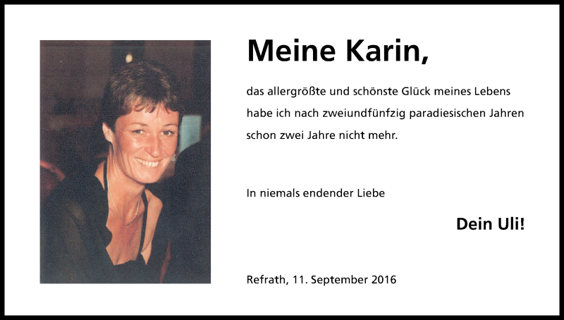  Traueranzeige für Karin  vom 12.09.2016 aus Kölner Stadt-Anzeiger / Kölnische Rundschau / Express