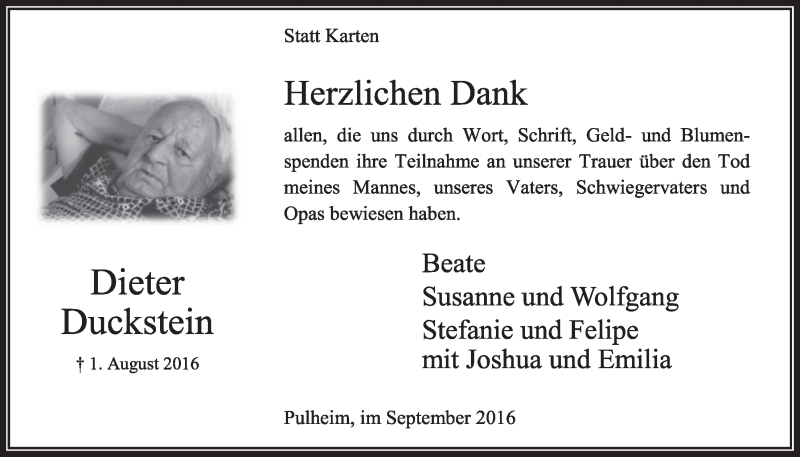 Traueranzeige für Dieter Duckstein vom 10.09.2016 aus  Sonntags-Post 
