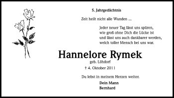 Anzeige von Hannelore Rymek von Kölner Stadt-Anzeiger / Kölnische Rundschau / Express