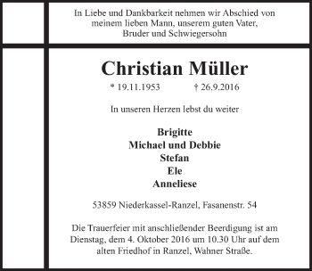 Anzeige von Christian Müller von  Rhein-Sieg-Wochenende 