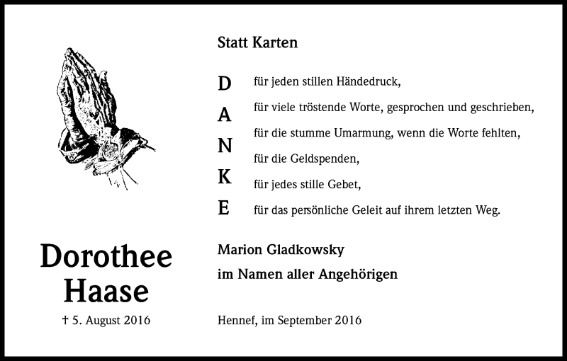  Traueranzeige für Dorothee Haase vom 10.09.2016 aus Kölner Stadt-Anzeiger / Kölnische Rundschau / Express