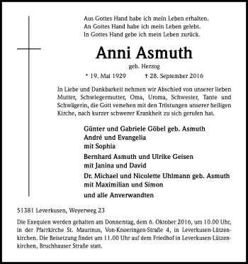 Anzeige von Anni Asmuth von Kölner Stadt-Anzeiger / Kölnische Rundschau / Express