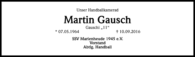  Traueranzeige für Martin Gausch vom 01.10.2016 aus Kölner Stadt-Anzeiger / Kölnische Rundschau / Express