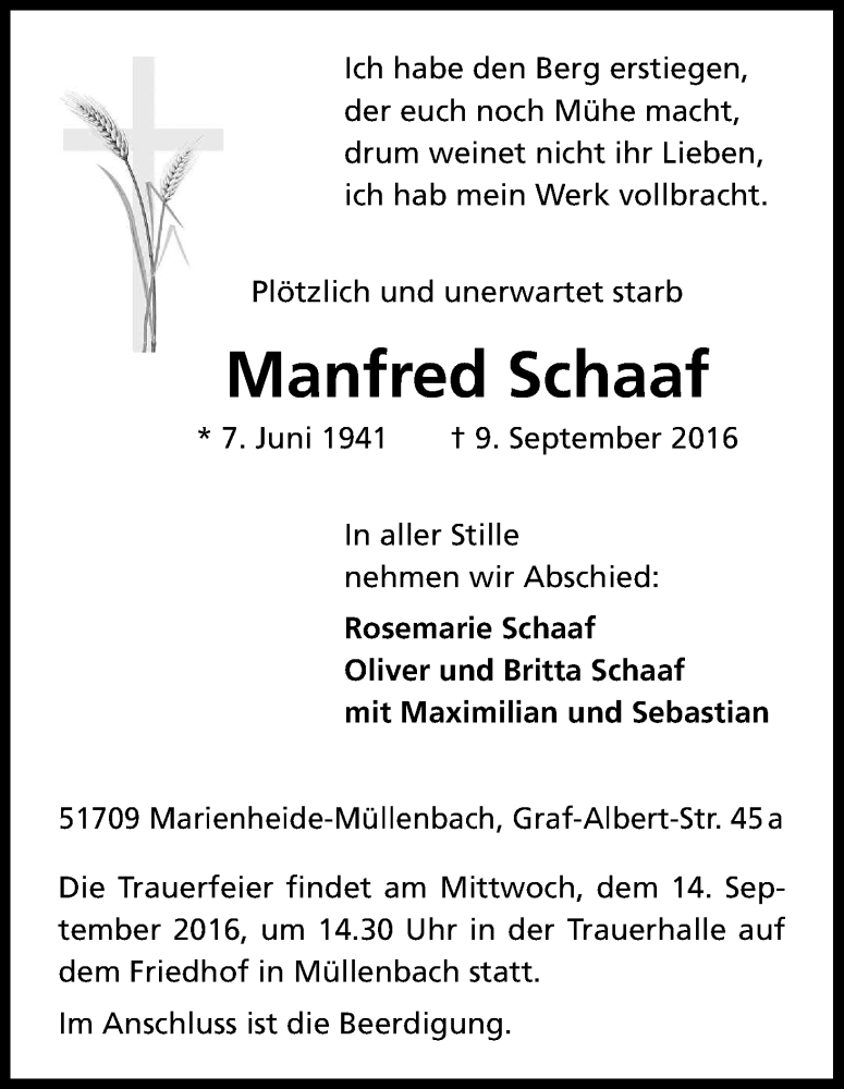  Traueranzeige für Manfred Schaaf vom 12.09.2016 aus Kölner Stadt-Anzeiger / Kölnische Rundschau / Express