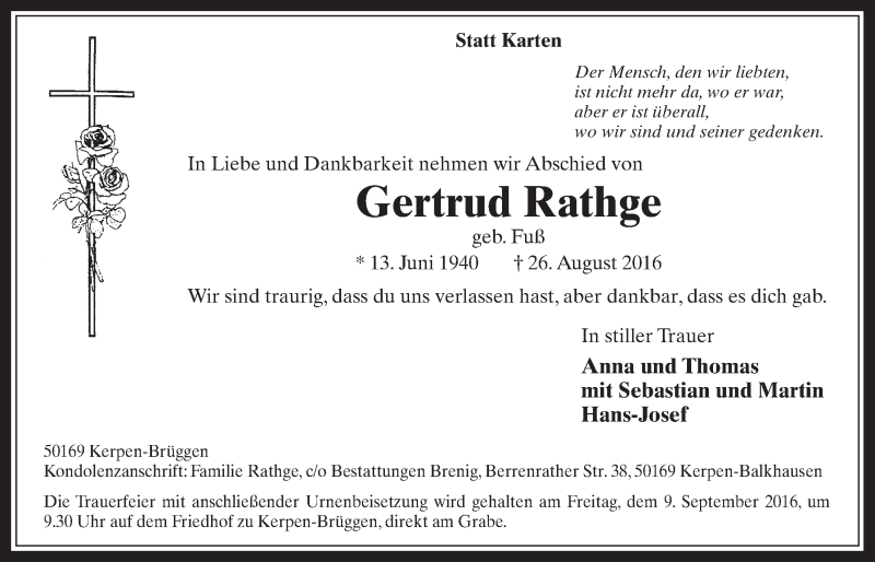  Traueranzeige für Gertrud Rathge vom 07.09.2016 aus  Werbepost 
