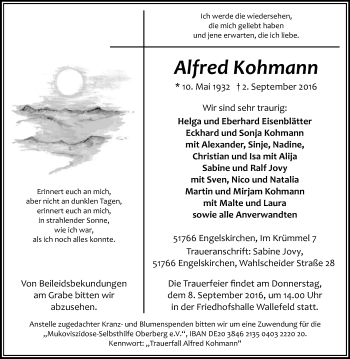 Anzeige von Alfred Kohmann von Kölner Stadt-Anzeiger / Kölnische Rundschau / Express