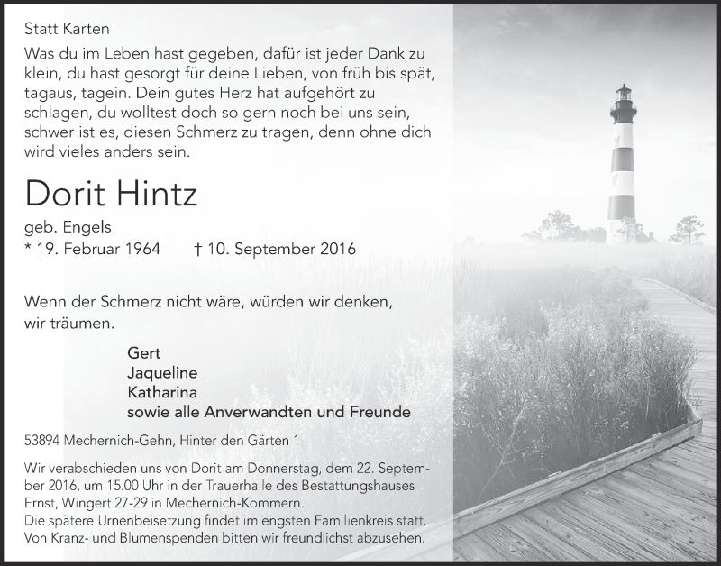  Traueranzeige für Dorit Hintz vom 17.09.2016 aus  Blickpunkt Euskirchen 