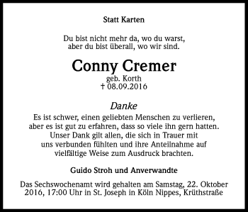 Anzeige von Conny Cremer von Kölner Stadt-Anzeiger / Kölnische Rundschau / Express