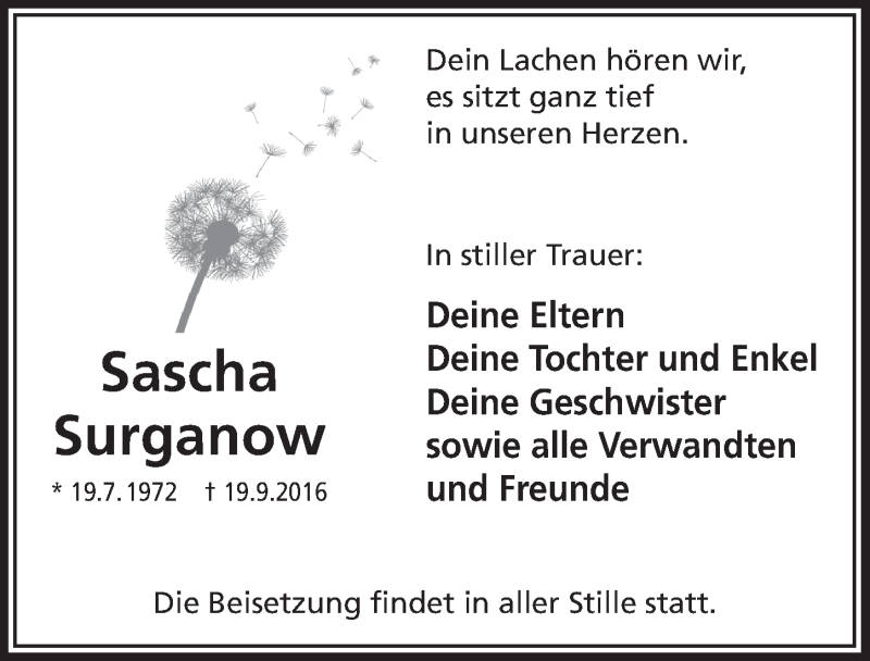  Traueranzeige für Sascha Surganow vom 28.09.2016 aus  Anzeigen Echo 