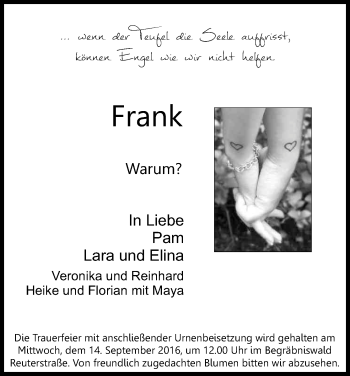 Anzeige von Frank  von Kölner Stadt-Anzeiger / Kölnische Rundschau / Express