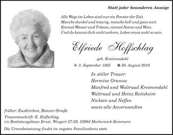 Anzeige von Elfriede Hoffschlag von  Blickpunkt Euskirchen 