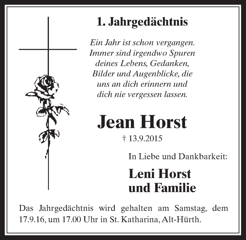  Traueranzeige für Jean Horst vom 14.09.2016 aus  Wochenende 