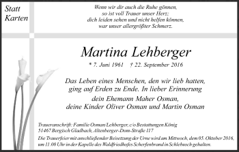 Anzeige von Martina Lehberger von Kölner Stadt-Anzeiger / Kölnische Rundschau / Express