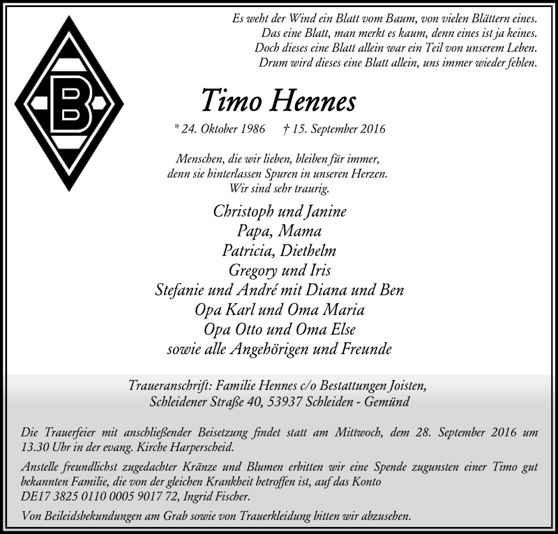  Traueranzeige für Timo Hennes vom 24.09.2016 aus Kölner Stadt-Anzeiger / Kölnische Rundschau / Express