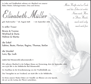 Anzeige von Elisabeth Müller von  Blickpunkt Euskirchen 