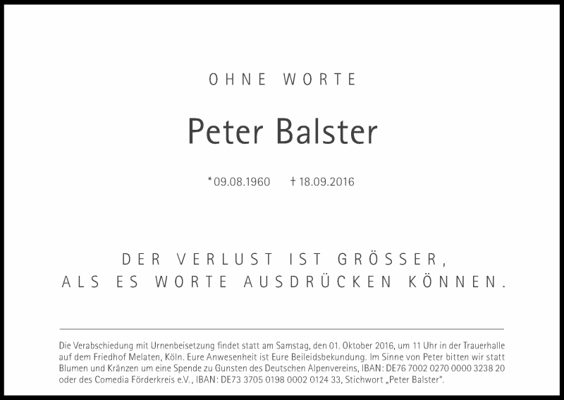  Traueranzeige für Peter Balster vom 24.09.2016 aus Kölner Stadt-Anzeiger / Kölnische Rundschau / Express